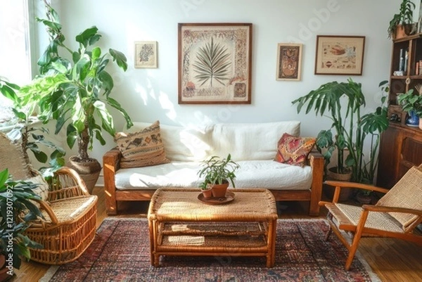 Fototapeta Sunlit living room, plants, vintage furniture, bohemian decor, home interior design