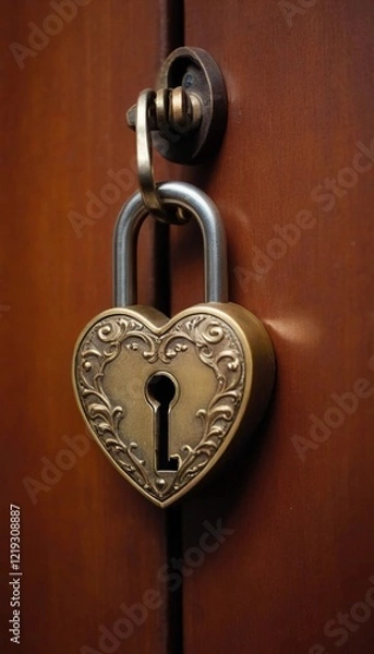 Fototapeta Heart-shaped lock adorns a wooden door, symbolizing love and secrecy in an intimate setting. Generative AI