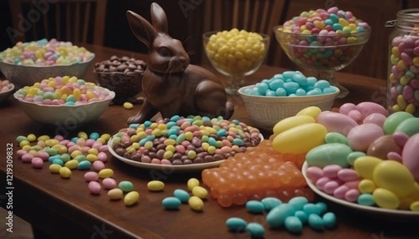 Fototapeta Colorful candy celebration featuring a chocolate bunny and pastel treats on a festive table. Generative AI