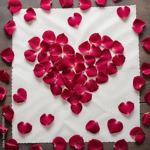 Fototapeta Heart-shaped arrangement of rose petals on white parchment for a romantic occasion. Generative AI
