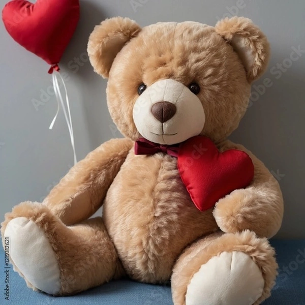 Fototapeta Soft teddy bear with heart-shaped accessory in cozy indoor setting radiating warmth and affection. Generative AI