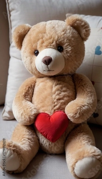 Fototapeta Soft teddy bear holding a red heart sits on a cozy couch in a warm living room. Generative AI
