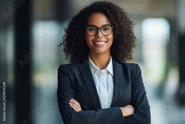 Fototapeta Portrait of a smiling businesswoman wearing glasses and a suit with arms crossed, exuding confidence and professionalism in a modern office environment