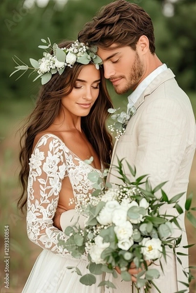 Fototapeta Newlyweds Embrace in a Lush Meadow, Showcasing Boho Chic Wedding Style With Floral Details and a Wildflower Bouquet on a Sunny Day