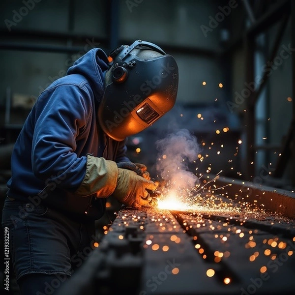 Obraz Welder joining metal beams creating bright sparks in industrial workshop