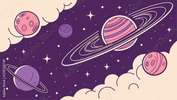 Obraz Cosmic Dream Odyssey: Surreal Vector Background with Floating Planets, Swirling Galaxies, and Radiant Nebula Highlights in a Deep Space Abstract Design