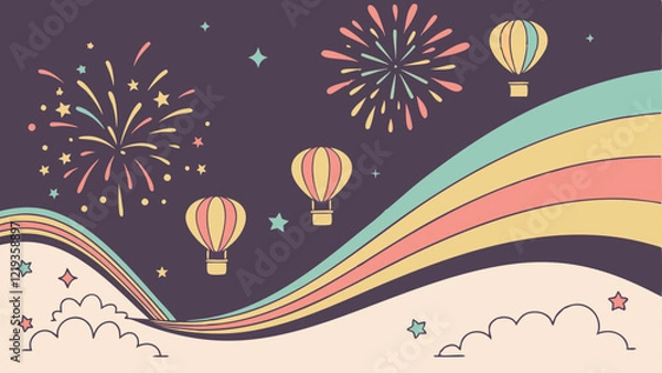 Obraz Festival Glow Wonderland: Lively Vector Background with Radiant Fireworks, Glowing Lanterns, and Vibrant Abstract Ribbons in a Dynamic Celebration Design