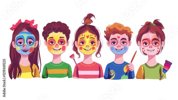 Obraz Children's Day vector design and PNG of kids painting their faces, perfect for use in school events, artistic activities, or children's parties, isolated on white