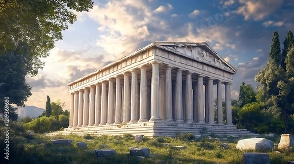 Obraz Picturesque colonnade lined with flourishing plants and Mediterranean stone architecture