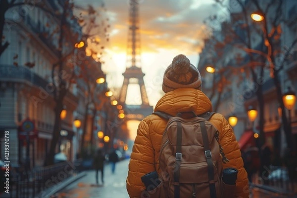 Fototapeta Traveler in yellow jacket gazes at the Eiffel Tower during a stunning sunset.