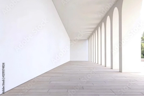 Fototapeta Modern architectural design features spacious corridor with arched windows and clean lines