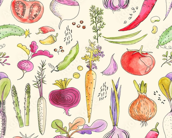Fototapeta Hand-drawn seamless watercolor colorful pattern with different vegetables: tomato, onion, beet, cucumber etc. Harvest repeated background. Line art
