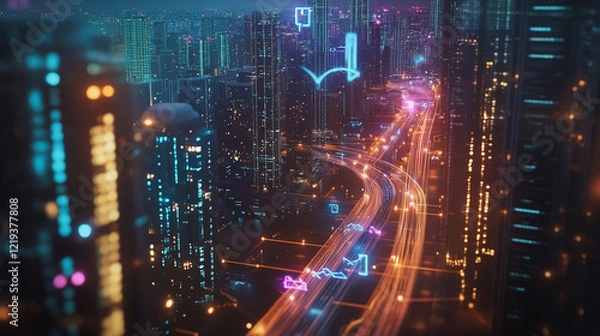 Fototapeta Smart digital Innovation city with connection network reciprocity over the twilight cityscape. of future smart wireless digital city and social media networking systems that connects people with city