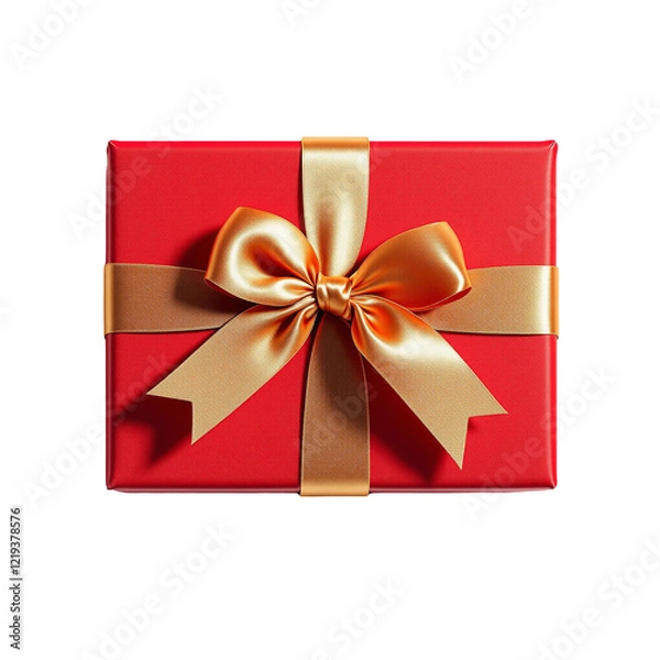 Obraz Red gift box with gold silk ribbon bow on top view isolated on transparent background