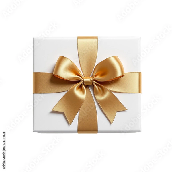 Obraz White gift box with gold silk ribbon bow on top view isolated on transparent background