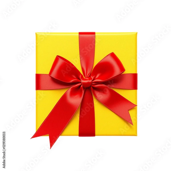 Obraz Yellow gift box with red silk ribbon bow on top view isolated on transparent background