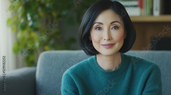 Obraz A woman is sitting on a couch and smiling. She is wearing a green sweater and has her hair pulled back