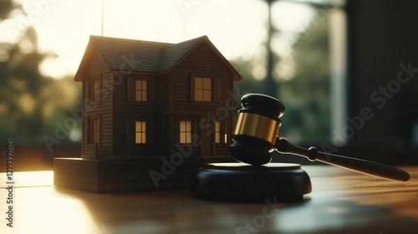 Fototapeta Model of a wooden house and a judge gavel are laying on a wooden table, representing real estate auction, investment, and home buying process