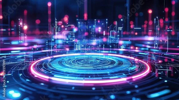 Obraz Holographic communication system displaying a 3D call, glowing neon beams of light, sleek industrial setting