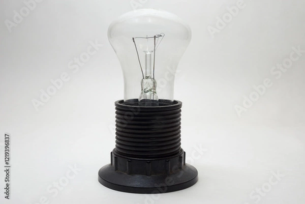 Fototapeta incandescent light bulb, mushroom shape (flat top). installed in medium size black plastic lampholder with shade ring on end of threaded shell
