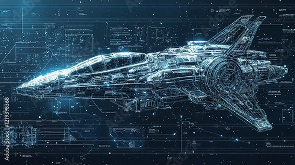 Obraz Holographic blueprint of a futuristic spacecraft, floating mid-air, glowing light beams illuminating intricate mechanics