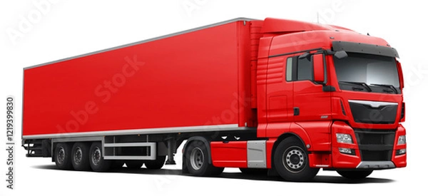 Obraz A modern European truck with a cab and semi-trailer in full red. Front side view isolated on white background.