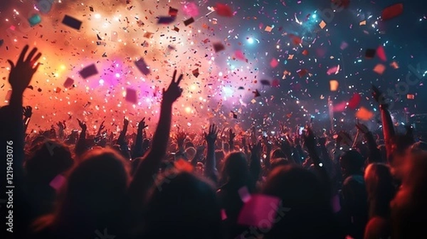 Fototapeta Glamorous New Year Eve ball drop with a vibrant crowd, colorful confetti, high energy 