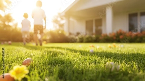 Obraz Children walking on lush green grass in sunlit backyard filled w
