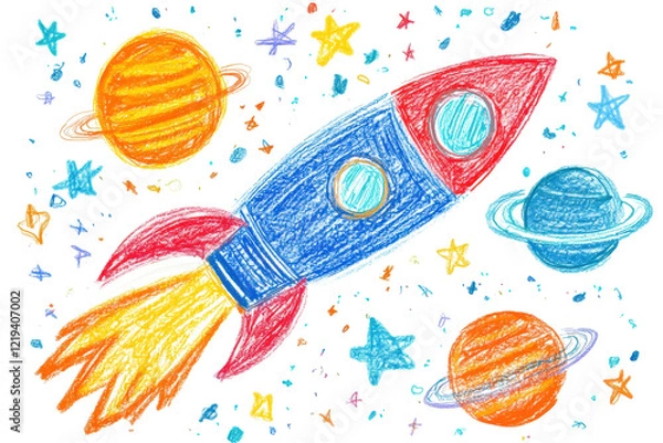 Fototapeta Whimsical crayon drawing of a rocket flying through space, with stars and planets, isolated on a white background