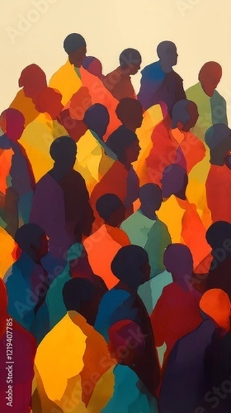 Fototapeta Abstract painting of a diverse crowd of silhouettes in bold colors, representing unity and movement.