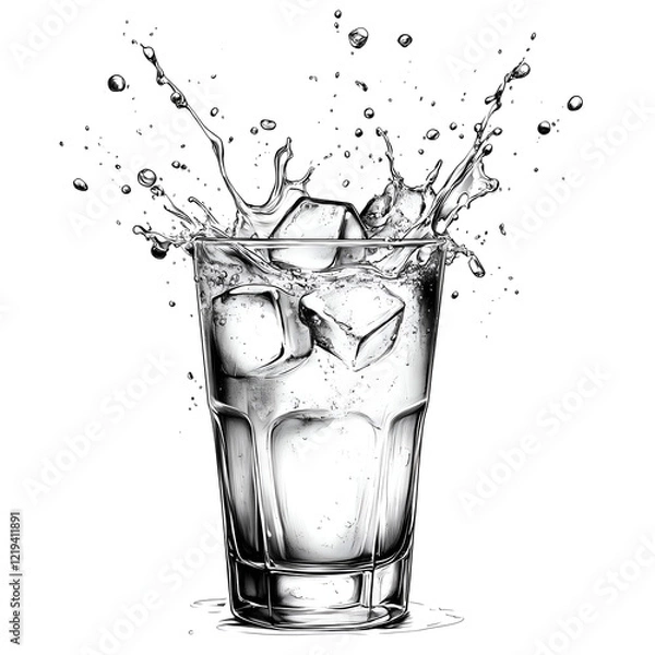 Fototapeta Isolated monochromatic illustration of a glass filled with ice cubes and water, with splashes dynamically frozen in motion, set against the clean white background.