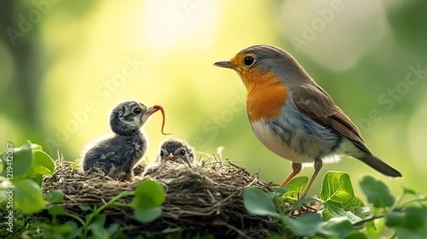 Fototapeta A robin feeding earthworms to its chicks in a nest surrounded by greenery