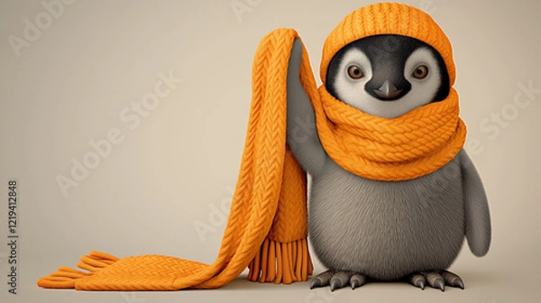 Fototapeta Penguin in Orange Hat and Scarf on Light Grey Backdrop