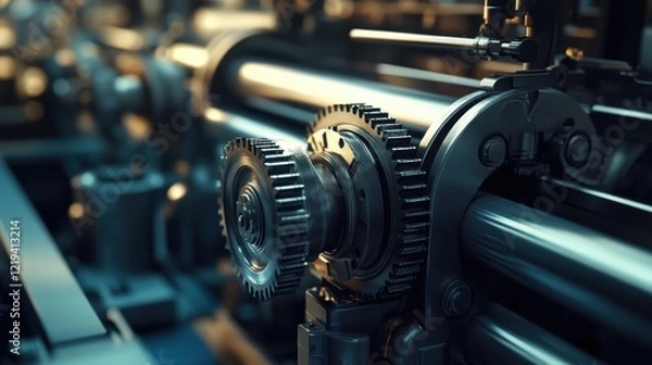 Obraz Modern industrial printing machinery with intricate transfer rollers, ink reservoirs, and precision gears in a clean factory setup.