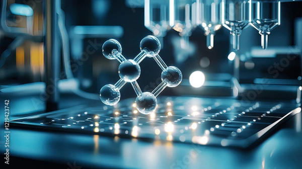 Obraz Holographic interface showing a rotating molecular structure, glowing light beams illuminating intricate atoms, futuristic lab