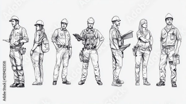Fototapeta Linear vector isolated illustration set of people working in different industries, professional workers in their fields. Police officer, construction worker, road worker, electrician, office clerk.