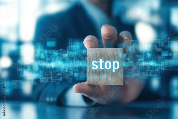 Fototapeta Finger pressing illuminated stop interface button