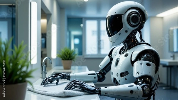 Fototapeta A robot is sitting at a sink, cleaning a towel