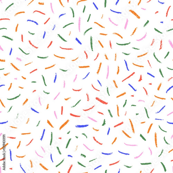 Fototapeta Colorful confetti or sprinkles seamless pattern. Crayon drawn vector strokes, dashes and short lines. Simple creative background with confetti texture. Birthday or party wrapping paper.
