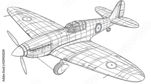 Fototapeta Schematic representation of a Spitfire fighter aircraft design and engineering layout