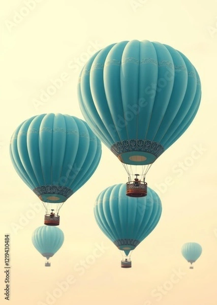 Fototapeta A serene flight of light blue hot air balloons soaring through a pastel sky dreamy and peaceful balloon background balloon background party holiday celebration decoration 