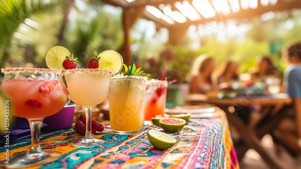 Obraz Vibrant outdoor setting with multiple Margarita drinks on a Mexican patio.