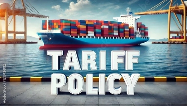 Obraz TARIFF POLICY graphic resource - container ship - cranes - port - trade policy - tariffs - taxes - imports - exports - economics - dollar strength 