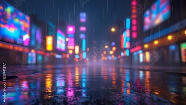 Fototapeta Blurred lights in a city street with soft reflections on wet pavement
