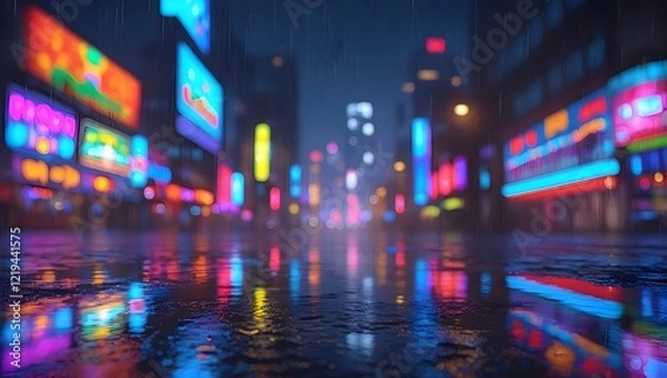 Obraz Blurred lights in a city street with soft reflections on wet pavement
