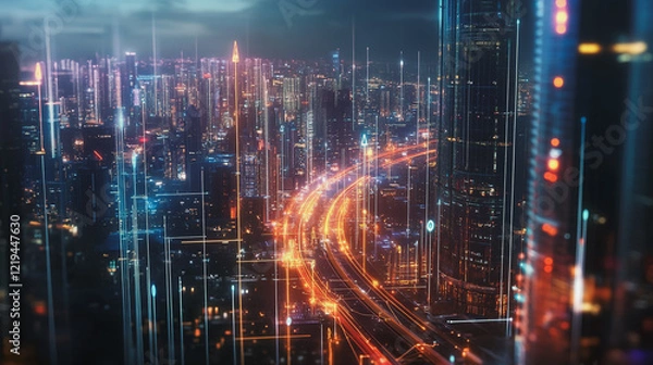 Fototapeta Smart digital Innovation city with connection network reciprocity over the twilight cityscape. of future smart wireless digital city and social media networking systems that connects people with city
