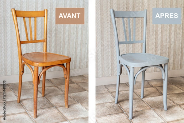 Fototapeta Restauration de meubles anciens. Relooking d'une chaise bistrot. Avant / Après.