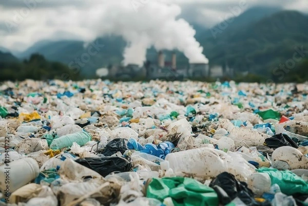 Fototapeta Toxins and pollution from industry. Littered landscape with plastic waste and industrial pollution in the background.