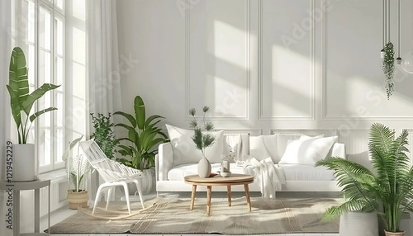 Fototapeta Interior of a modern bedroom. 3D render. The room is decorated with plants.