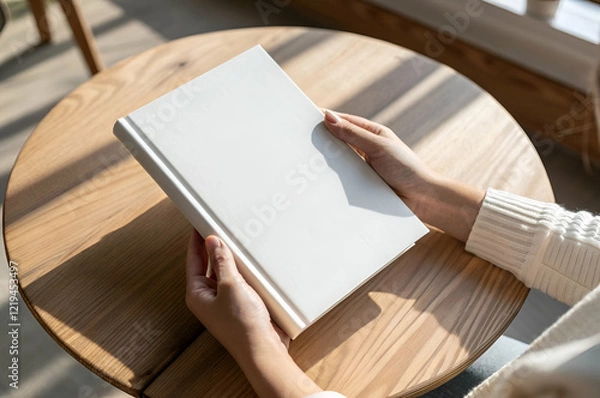 Obraz Woman's Hands Gently Holding a Blank White Book Cover on a Sunny Wooden Table